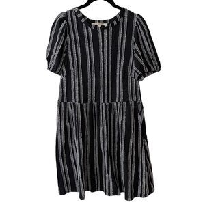 LOFT XS Sheath Dress Puff Short Sleeve Textured Striped Black White